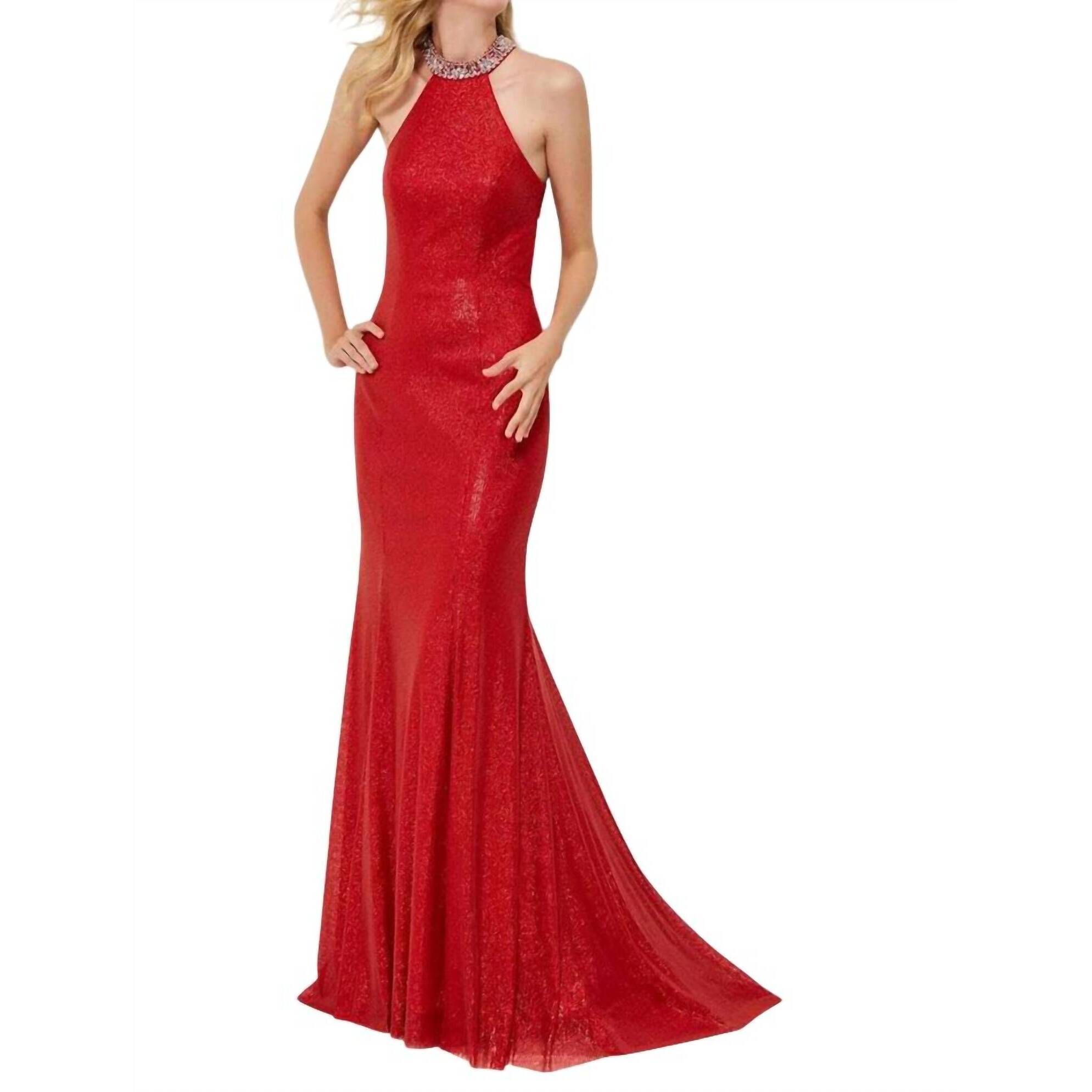 New Angela & Alison Sequin Halter Prom Dress In Hot Red